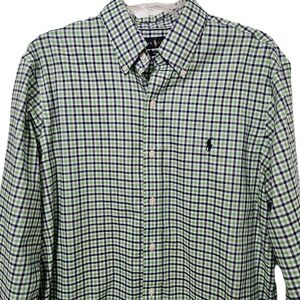 Ralph Lauren Shirt Mens L‎ Green Navy Gingham Non-Iron Button Down Long Sleeve